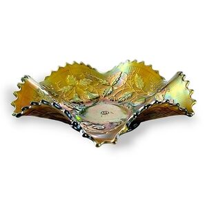 Antique Northwood Fruits & Flowers Green Carnival Glass Ruffled Bowl